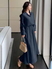 DAZY Bộ 2 món áo sơ mi tay dài cài khuy đơn màu trơn và chân váy midi thường ngày cho nữ, mùa thu - Màu xanh hải quân - Xem 6