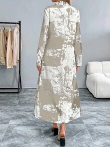 Breezaya 女士时尚扎染印花衬衫裙，春秋季长款女装长衬衫裙长款休闲连衣裙女式长袖连衣裙 - 卡其色 - 查看 2