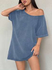 SHEIN EZwear 水洗蓝色针织西部音乐节复古做旧不对称领口宽松T恤连衣裙 - 藍色 - 查看 3