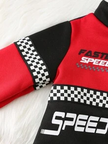 SHEIN 婴儿男女童秋冬服装套装，连体衣，服装，加厚抓绒撞色立领长袖赛车连体衣，舒适百搭时尚休闲街头风，适合室内、户外滑雪、日常穿着、运动、玩耍、派对、拍照、节日、万圣节、圣诞节、新年、赛车驾驶、赛车夹克婴儿运动服两件套，新生儿男婴汽车印花长袖连体衣，婴儿摩托车服，婴儿街头赛车服 - 黑色 - 查看 6