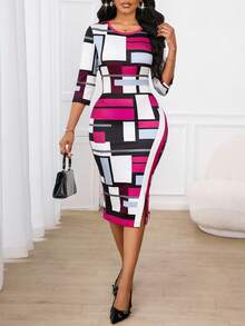 SHEIN Lady Vestido elegante de longitud media con cuello redondo, mangas 3/4, abertura lateral y ajuste ceñido con estampado geométrico para mujer