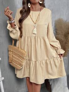EMERY ROSE Plus Size Women Elegant Casual Round Neck Doll Dress Long Sleeve Dress Fall Cloth For Women - Khaki - View 1
