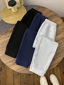 SHEIN 3 件青少年男童休闲黑色、深灰色、浅灰色运动裤、慢跑裤适合秋季、冬季、学校、家居、日常穿着、运动、生日派对、郊游、百搭且多功能 - 藏蓝色 - 查看 2