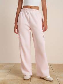 INAWLY Calça feminina lisa com cintura elástica e bolso cargo, reta e solta, casual - Damasco - Ver 1