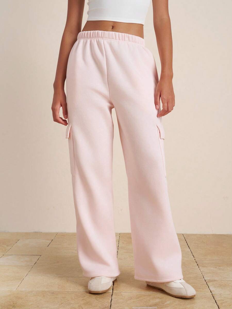 INAWLY Calça feminina lisa com cintura elástica e bolso cargo, reta e solta, casual - Damasco - Ver 1