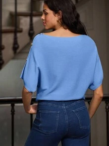 lacRébo Blusa holgada de punto con estilo kimono de manga corta en color azul cielo, con detalle de botón dorado en el hombro, para mujer en otoño e invierno