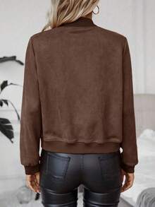 EMERY ROSE Women's Solid Color Regular Shoulder Long Sleeve Short Zip-Up Casual Versatile Jacket - Brown - View 2