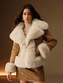 Anewsta Fashionable & Versatile Faux Rabbit Fur & Suede Composite Jacket, Autumn/Winter - Brown - View 9