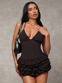 SHEIN BAE 女士细肩带交叉露背性感连体衣，带有分层荷叶边装饰，适合音乐节 - 咖啡棕 - 查看 5