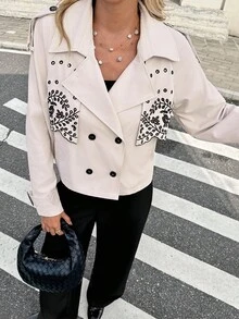 SHEIN Frenchy Women's Black Autumn Elegant Fluffy Office Short Trench Coat,Plant Embroidery Notched Lapel Double-Breasted Long Raglan Sleeve Casual Business Coat - Multicolor - View 5