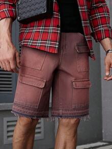 Manfinity Homme 男士时尚水洗做旧牛仔工装短裤，夏季，emo风格 - 紅色 - 查看 5
