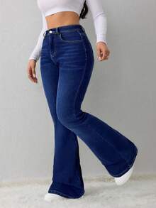 SHEIN Tall Women's Jeans Casual Tight Elastic Flared Pants Black Velvet Jeans Winter Jeans Thermal Denim Teddy Denim Teddy Thermal Fuzzy Fleece Teddy Leggings Women Jeans Black Jeans Fleece Winter Women Clothes Thermal - Medium Wash - View 5