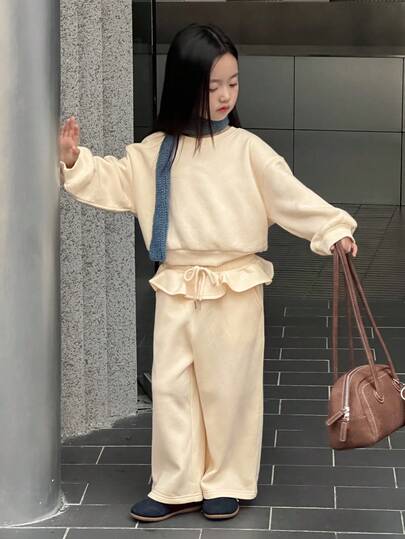 DAZY 2件套年轻女孩纯色休闲长袖运动衫和宽松运动裤套装秋冬