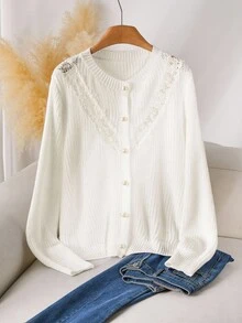 CosyJoli Women's Elegant Lace & Faux Pearl Splice Cardigan, Simple Solid Color, Autumn/Winter Lace Cardigan White Lace Cardigan Pearl Button Cardigan Cropped Cardigan White Cardigan Sweater White Knit Cardigan - White - View 3