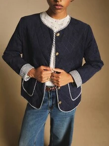 Poéselle 女式格子袖口圆领单排扣休闲冬季夹克