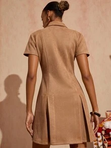 Bóhologie Solid Color, Front Zipper, Suede Fabric, Polo Color, Mini Dress - Brown - View 2