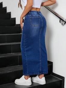 SHEIN 少女口袋开衩下摆休闲弹力牛仔裙，秋季、冬季、复古、休闲时尚度假装 - 深色水洗藍 - 查看 2