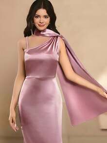 Vestido elegante e minimalista para adolescentes, estilo assimétrico, sem mangas, com cintura alta, colado ao corpo, em cetim sólido e brilhante, para formatura, com design de fita, pode ser usado como laço de lenço, vestido com design versátil para aniversário, Natal, Halloween - Rosa - Ver 3
