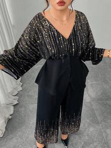 Modelyn Bộ đồ 2 món thanh lịch họa tiết ngôi sao cỡ lớn cho nữ, áo tay cánh dơi cài một hàng khuy đơn và quần ống rộng - Nhiều màu - Xem 1