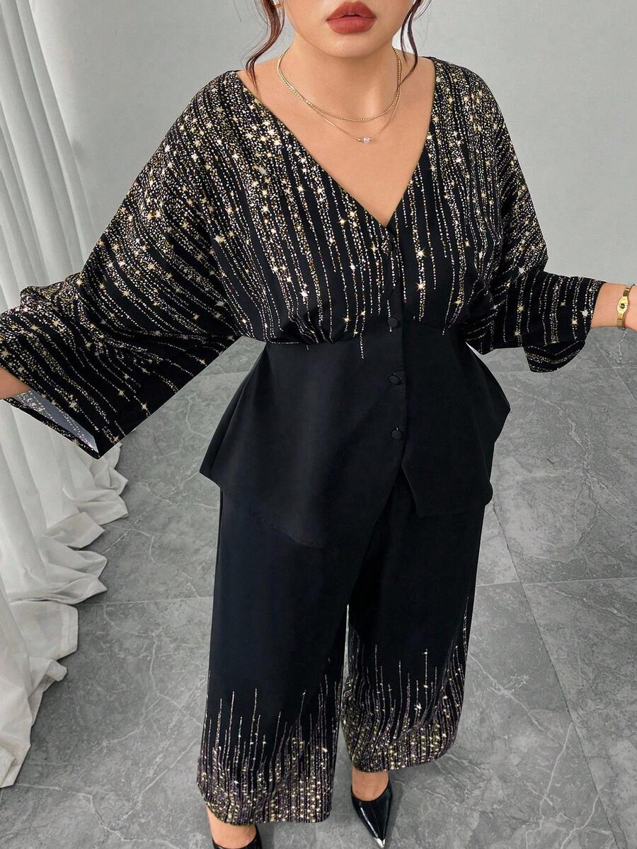 Modelyn Bộ đồ 2 món thanh lịch họa tiết ngôi sao cỡ lớn cho nữ, áo tay cánh dơi cài một hàng khuy đơn và quần ống rộng - Nhiều màu - Xem 1