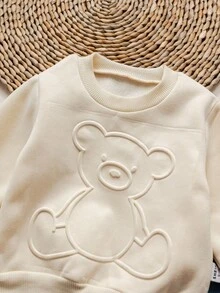 2件套男婴小熊压花加厚抓绒卫衣裤套装，杏色 - 彩色 - 查看 3