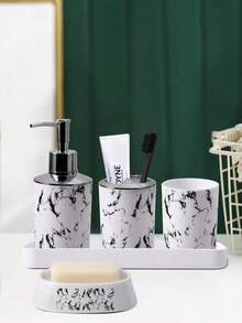5PCS/9PCS Marble Pattern Bathroom Accessories Set, Including Toothbrush Holder, Soap Dispenser, Soap Dish, Tumbler, Refillable Bottles, Trash Can And Toilet Brush Home Bathroom Decor Fall Decor Back To School