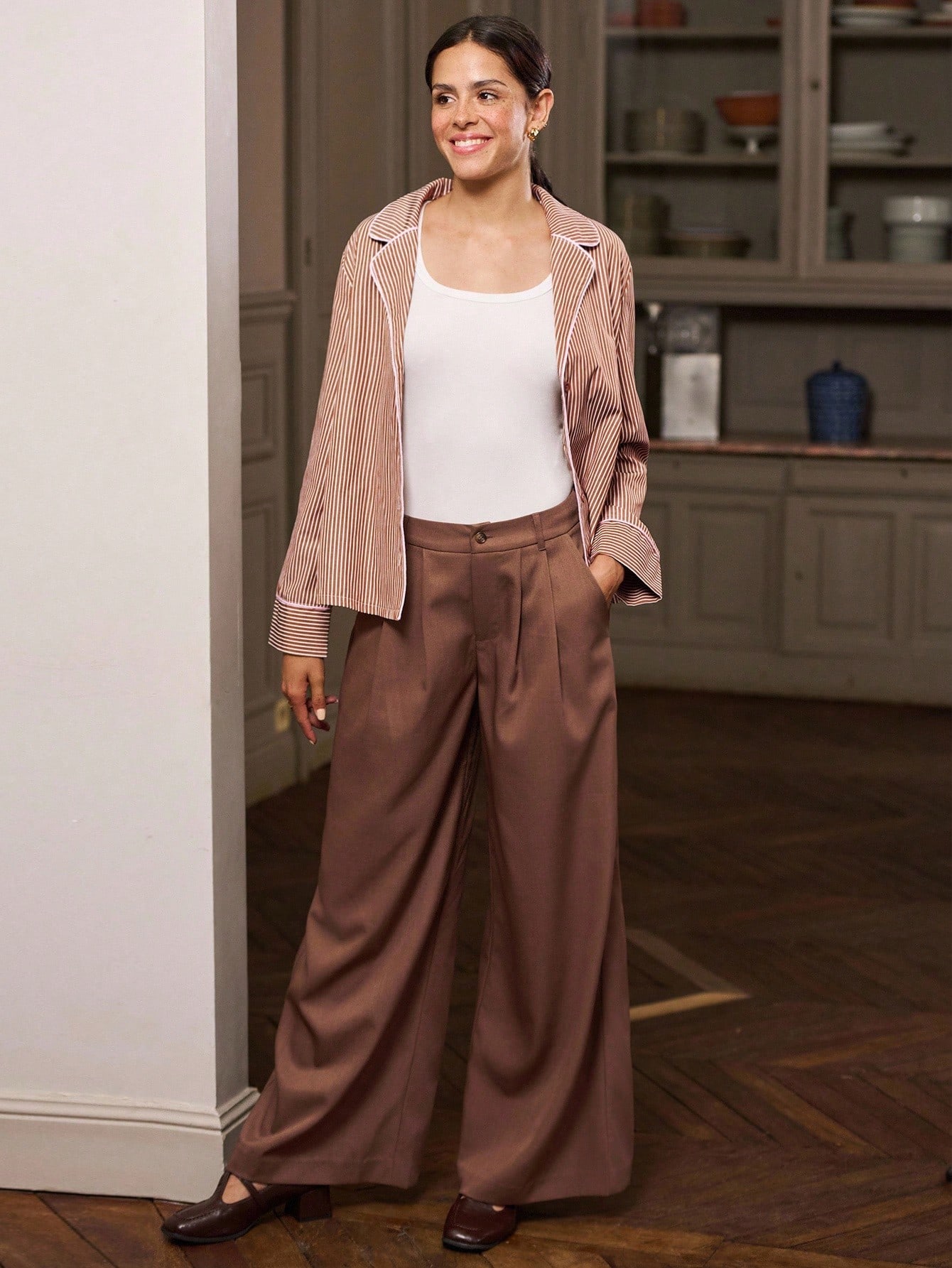 Blouse de style pyjama rayée avec passepoil contrastant, vêtements d'automne pour femmes