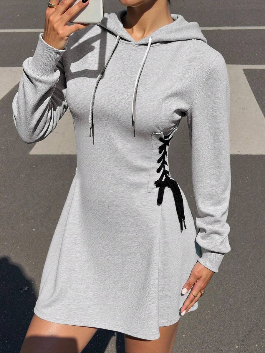 SHEIN Unity Women's Side Tie Drawstring Hooded Dress - Grey - View 1