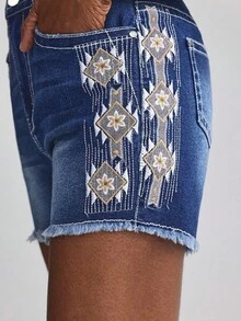 Slaydiva Casual Versatile Embroidered Distressed Denim Shorts For Women - Blue - View 4