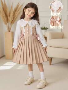 SHEIN 这款适合年轻女孩春、夏、秋季返校季的休闲时尚连衣裙，采用白色蕾丝领、卡其色丝带蝴蝶结、卡其色褶裥半开襟设计，搭配白色纽扣泡泡袖长袖，适合返校季、春季、夏季、秋季穿着，打造可爱学院风淑女造型，也适合日常休闲外出和秋冬季拍照。 - 卡其色 - 查看 1