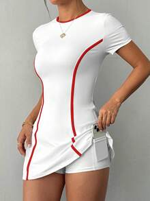 Easithlete 女式网球健身户外修身白色短袖运动连衣裙，配有短裤和手机口袋 - 紅白色 - 查看 6