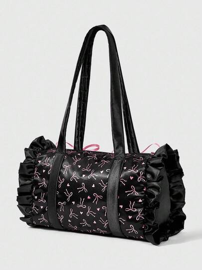 Kawaii Women's Vintage Cute Pink Ruffle Trim Commuter Versatile Large Capacity Satin Bow Shoulder Handbag