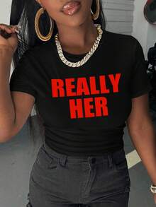 SHEIN Áo thun ngắn tay in chữ mùa hè thoải mái - màu đen - Xem 5