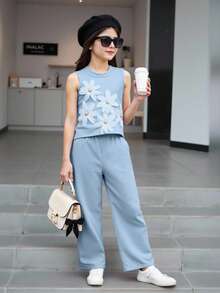 Elladie kids 2 件女童无袖碎花亮黄色上衣和宽松阔腿裤时尚春夏装