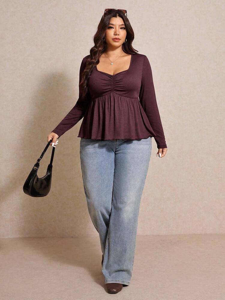 Elaquor Plus Size Casual Solid Color Ruched Chest Ruffle Hem T-Shirt, Autumn