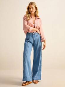 Daynim Calça Denim Cintura Alta Perna Larga - Lavagem clara - Visão 1