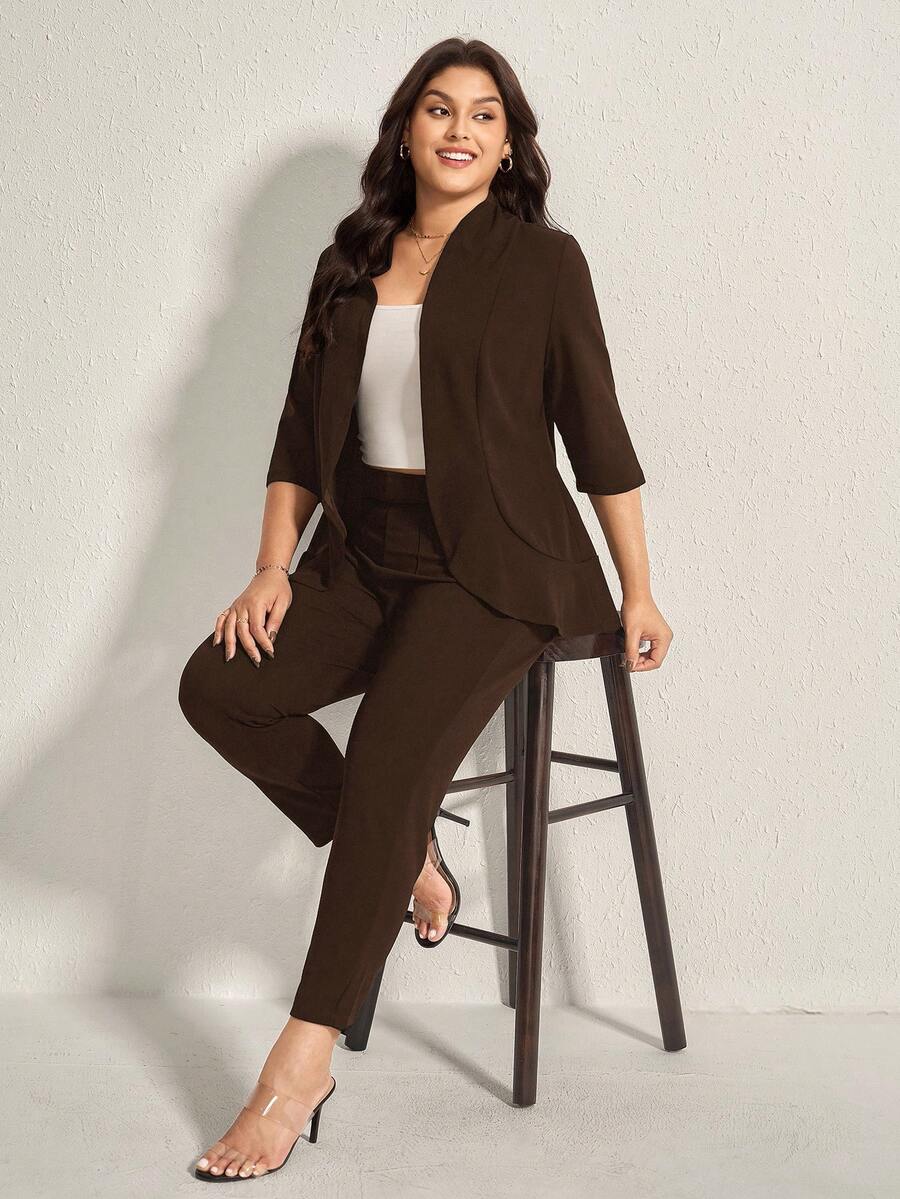 Comfylo Traje de oficina de 2 piezas de unicolor para mujer de talla grande, con blazer de 3/4 de manga y pantalones. Traje casual de negocios de talla grande en color marrón para mujer, conjunto de traje marrón de talla grande para uso en la oficina, traje de pantalón de talla grande para mujer en otoño/invierno