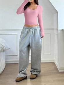 SHEIN EZwear 女士休闲粉色圆领长袖修身T恤，秋冬 - 粉色 - 查看 4