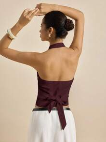 Airaco Áo hở lưng ôm sát màu trơn tối giản gợi cảm dành cho nữ, mùa hè - Màu Đỏ Sâu - Xem 2