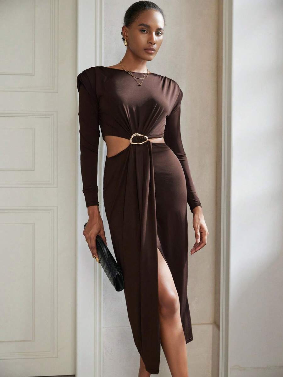 Aveloria Modichic Elastic Midriff Exposed Shoulder Sexy Metal Buckle Long Sleeve Dress - Coffee Brown - View 1