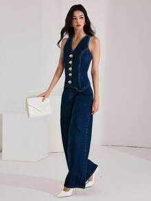 Heiryn Bộ đồ denim nữ Áo vest denim và quần jeans Nút kim loại trang trí Bộ đồ hai mảnh thường ngày cho nữ Bộ đồ thường ngày giản dị Áo vest denim một hàng khuy và quần jeans rộng thùng thình cho nữ Bộ đồ thời trang hai mảnh Bộ đồ cho nữ Bộ đồ hòa nhạc đồng quê Bộ đồ hòa nhạc cho nữ Bộ đồ denim nữ dạo phố Bộ đồ lễ hội - Rửa trung bình - Xem 4