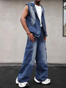 Manfinity EMRG 复古美式宽松连帽背心和直筒牛仔裤两件套 - 藍色 - 查看 4