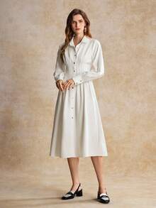 House of One 有领扣纯色长款衬衫裙，带褶饰，女式春秋季休闲中长连衣裙 - 白色 - 查看 3