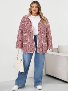 SHEIN CURVE+ Abrigo acolchado con estampado todo sobre hombros caídos, talla grande, otoño/invierno - Rojo y blanco - View 6