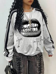 Rovax Y2K Casual Mouth & Cross Digital Print Plus Size Sweatshirt For Women, Fashionable Back To School/Campus Style Fall Cloth For Women Winter Autumn
