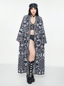 SHEIN Whyspr 加大码时尚深色哥特式骷髅和蝙蝠印花喇叭袖长衬衫 - 黑色 - 查看 3