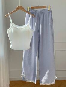 Comfortcana 2 件套女式休闲蕾丝花边吊带背心和蓝白条纹裤，返校季 2 件套 - 藍白色 - 查看 7