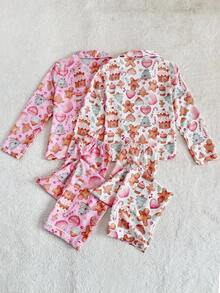 Snug Zone 2Sets Christmas Gingerbread Print Holiday Two Piece Pajama Set, Fall Clothes - Multicolor - View 2