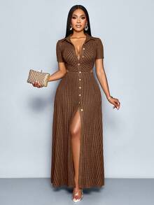 SOLERSUN Women's Elegant V-Neck Textured Fabric Open Front Buttoned Short Sleeved Maxi Dress - Coffee Brown - View 1