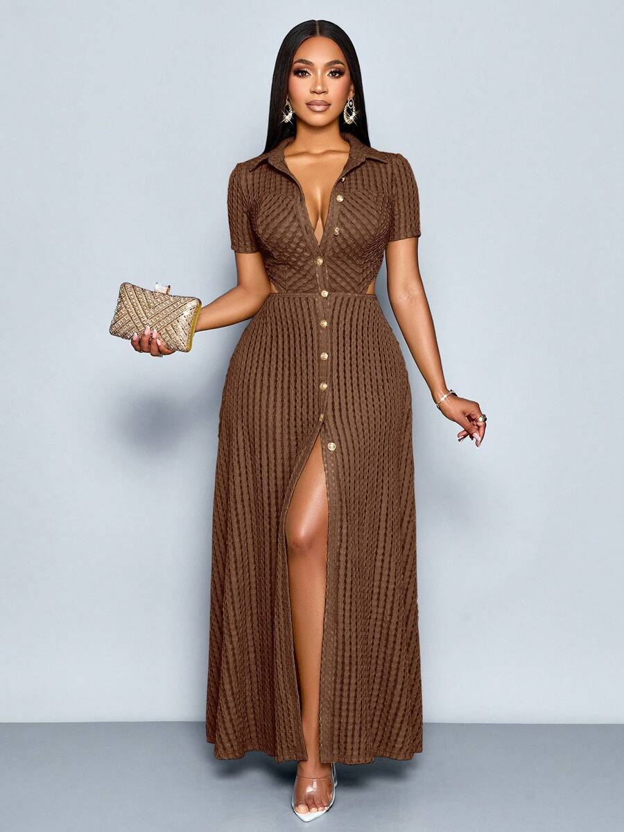 SOLERSUN Women's Elegant V-Neck Textured Fabric Open Front Buttoned Short Sleeved Maxi Dress - Coffee Brown - View 1